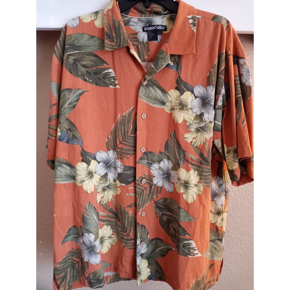 Winter Silks Men's Orange Button Down w. Tropical Flowers. 100% Silk. Mens Large